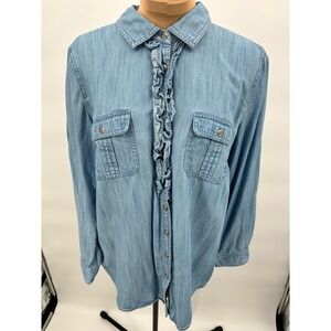 Talbots Petites Chambray Shirt‎ LP Ruffle Front Roll Tab Long Sleeve Denim
